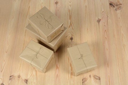 Boxes ready for shipping on wooden floorの写真素材