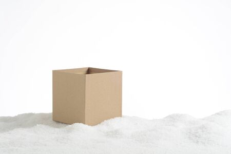 Gift box in snow, white backgroundの写真素材