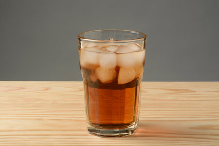 Glass of ice tea on the wooden tableの写真素材
