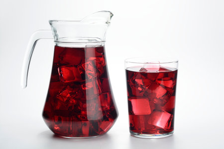 Lemonade or red summer in a jug and a glass with ice on white backgroundの写真素材