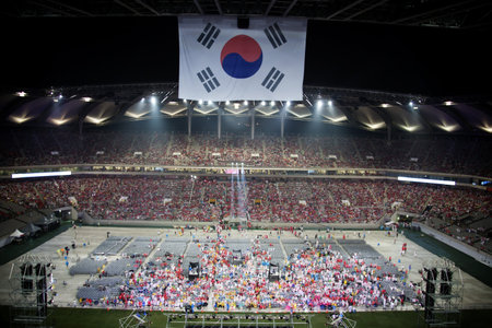 Cheering crowd at World Cup Stadium in South Koreaのeditorial素材