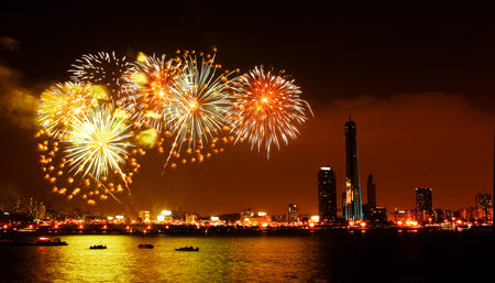 Beautiful night view of the Han" River in "Seoul" International Fireworks Festival"の写真素材