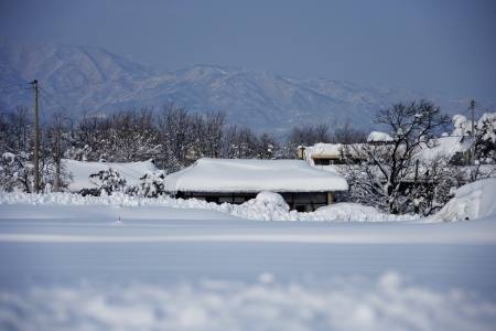 Snowy rural landscape in South Koreaの写真素材