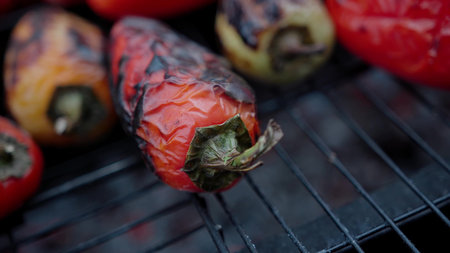 Peppers on outdoor grill closeup showing flames and smoke . Vegetables grill. Barbecue