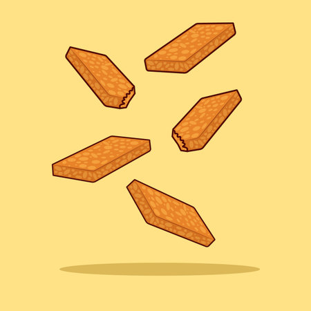Vector illustration of a stack of cookies falling on a yellow background.のイラスト素材