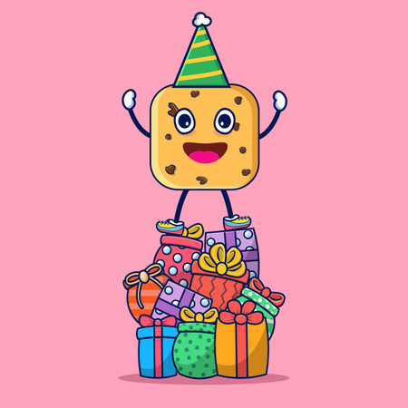 Cartoon cookie character with gifts and party hat. Vector illustration.のイラスト素材