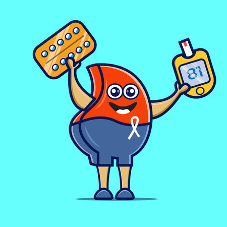Vector illustration of a fat man with a measuring tape and pills in his hands, a cartoon illustration of blood holding a blood test machine and tablet for iconのイラスト素材