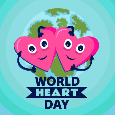World Heart Day. Vector greeting card with cute cartoon heart characters.のイラスト素材