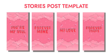 Set of vertical banners with pink clouds and hearts. posters, brochure cover design templates, Valentineâs day greetings card layout, pink background with handrawn text font,のイラスト素材