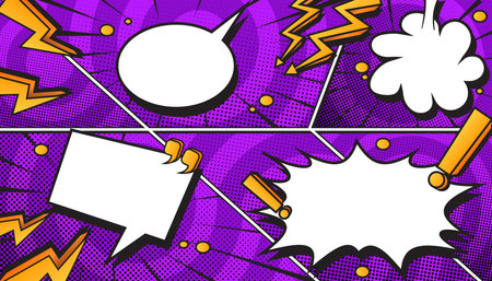 abstract creative concept comic pop art style blank, layout template with clouds beams and isolated dots background. halftone dots, speech bubbles,and dynamic action bursts.のイラスト素材