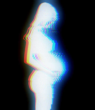 Happy pregnant woman with a baby hugging her belly in space. Esoteric concept. Vector cartoon illustration.の写真素材