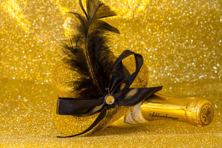 Black happy new year fur in golden backgroundの写真素材