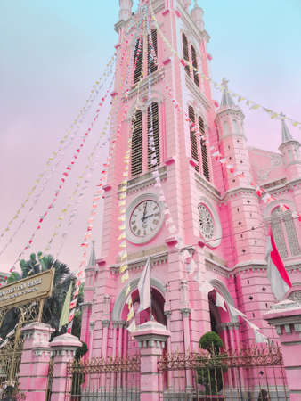 Ho Chi Minh City, Vietnam - January 5 2019: Pink church of Tan Dinh decorated for christmas.のeditorial素材