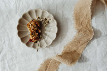 Dried flowers and small vases in white backgroundの写真素材