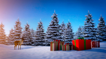 reindeer looking at some christmas gift boxes on snowy backgroundの写真素材