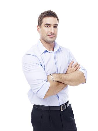 studio portrait of a caucasian corporate executive, arms crossed, side view, isolated on white background.の写真素材