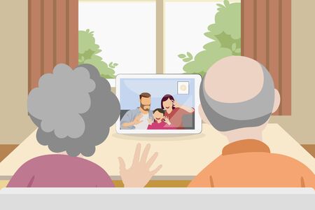 senior asian couple video chatting with son or daughter and in-law and grandchildのイラスト素材
