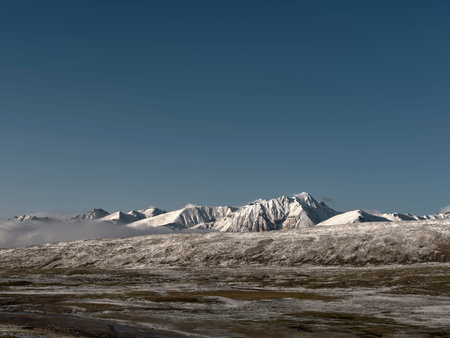 wide angle shot of snow mountain with blue sky