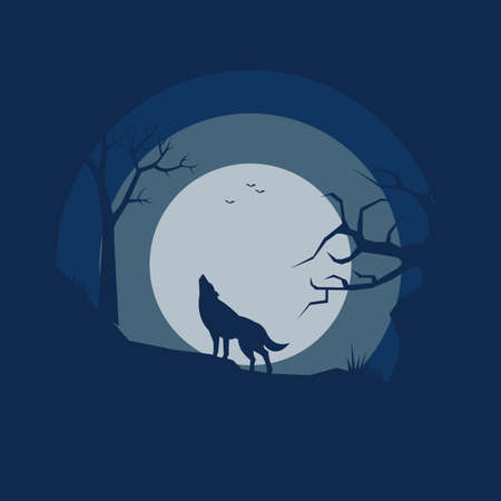 flat design. wolf forest landscape illustrationのイラスト素材