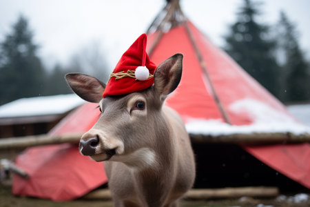 Cute deer in Santa Claus hat at reindeer camp.の素材