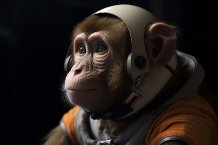 Monkey in a helmet and headphones on a dark background. Close-up.の素材