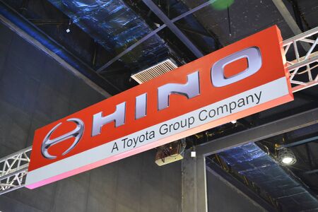 PASAY, PH - AUG. 17: Hino motors exhibit booth signage on August 17, 2018 at Transport and Logistics in World Trade Center Metro Manila, Pasay, Philippines.のeditorial素材