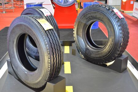 PASAY, PH - AUG. 17: PPC Asia tires display on August 17, 2018 at Transport and Logistics in World Trade Center Metro Manila, Pasay, Philippines.のeditorial素材