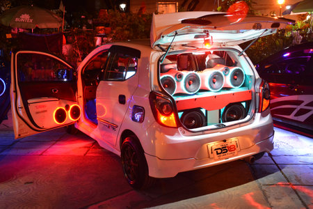 QUEZON CITY, PH - DEC. 28: Toyota Wigo compact car with sound speakers at Spades Auto Motor Show on...