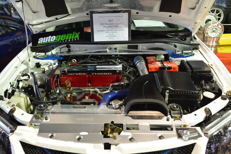 PASAY, PH - NOV. 16: 2007 Mitsubishi Lancer Evolution 9 car engine at Manila Auto Salon on November...