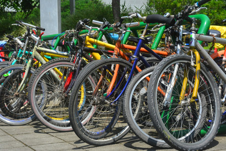 TAGUIG, PH- OCT. 1: Bicycles parked outside on October 1, 2016 in Bonifacio Global City, Taguig, Philippines.のeditorial素材