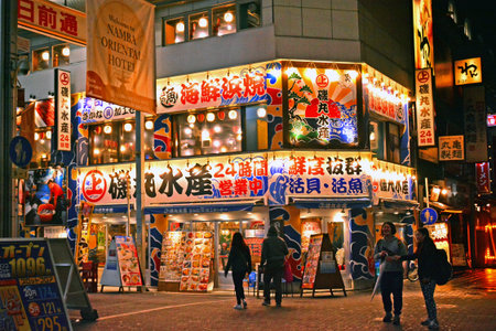 OSAKA, JP - APR. 6: Japanese restaurant facade at Namba during night time on April 6, 2017 in Namba,...