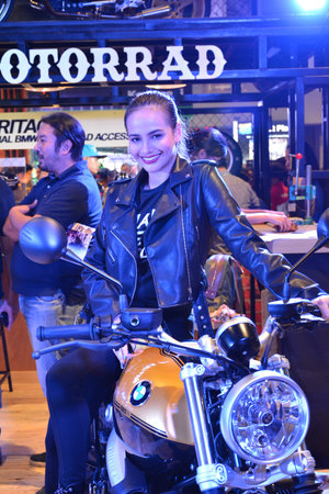 PASAY, PH - JUNE 16 - BMW motorrad female model at Makina Moto show on June 16, 2019 in Pasay,...