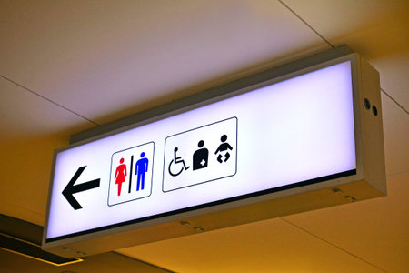 NARA, JP - APRIL 9 - Rest room for male and female plus disabled and infants lighted signage at...