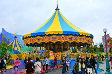 OSAKA, JP - APRIL 7 - Sesame street theme carousel ride at Universal Studios Japan on April 7, 2017 in Osaka, Japan.のeditorial素材