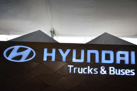PASAY, PH - APR 7 - Hyundai trucks and buses sign at Manila International Auto Show on April 7, 2019 in Pasay, Philippines.のeditorial素材