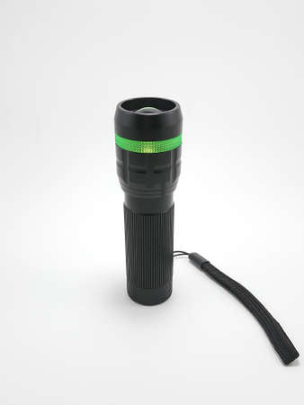 Black portable light emitting diode battery operated flashlight with hand strapの写真素材
