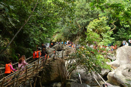 AURORA, PH - APRIL 21 - Tanawan waterfalls bamboo bridge on April 21, 2019 in Dingalan, Aurora, Philippines.のeditorial素材