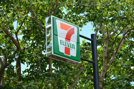 AURORA, PH - APRIL 21 - 7 eleven convenience store sign post on April 21, 2019 in Dingalan, Aurora, Philippines.のeditorial素材