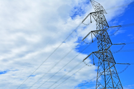 Tall high electric tower and power lines in Rizal, Philippines