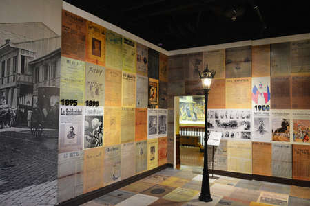 MANILA, PH - JAN 3 - Newspaper articles through the years wall mural display at Chinatown Museum on January 3, 2020 in Manila, Philippines.のeditorial素材