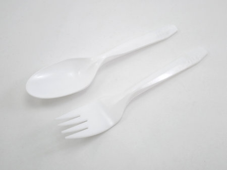 MANILA, PH - OCT 9 - McDonalds disposable plastic spoon and fork on October 9, 2020 in Manila, Philippinesのeditorial素材