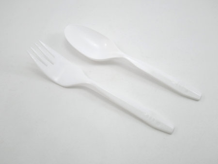 MANILA, PH - OCT 9 - McDonalds disposable plastic spoon and fork on October 9, 2020 in Manila, Philippinesのeditorial素材