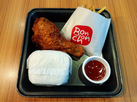 MANILA, PH - NOV 10 - Bonchon Korean fried chicken, fries and rice meal on November 10, 2020 in Manila, Philippines.のeditorial素材