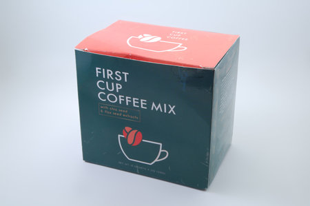 MANILA, PH - JULY 16 - First cup coffee mix with chia seeds and flax seed extracts on July 16, 2021...