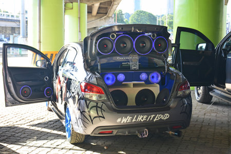 MARIKINA, PH - NOV 8 - Mitsubishi mirage car sound speaker set up at Wild Rides car show on November 8, 2021 in Marikina, Philippines.のeditorial素材
