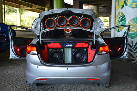 MARIKINA, PH - NOV 8 - Hyundai elantra car sound speaker set up at Wild Rides car show on November 8, 2021 in Marikina, Philippines.のeditorial素材