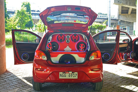 MARIKINA, PH - NOV 8 - Mitsubishi mirage car sound speaker set up at Wild Rides car show on November 8, 2021 in Marikina, Philippines.のeditorial素材