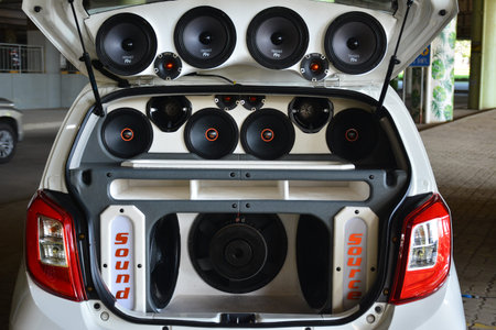 MARIKINA, PH - NOV 8 - Toyota wigo car sound speaker set up at Wild Rides car show on November 8, 2021 in Marikina, Philippines.のeditorial素材