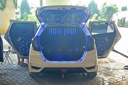 MARIKINA, PH - NOV 8 - Honda jazz car sound speaker set up at Wild Rides car show on November 8, 2021 in Marikina, Philippines.のeditorial素材