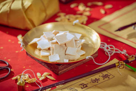 Chinese medicine Poria cocos on the weighing panの写真素材